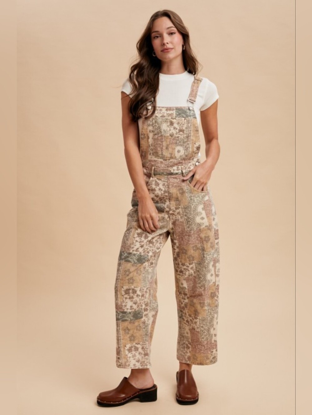 Washed Vintage Boho Print Denim Barrel Leg Overalls | Patchwork Cotton Jumpsuit